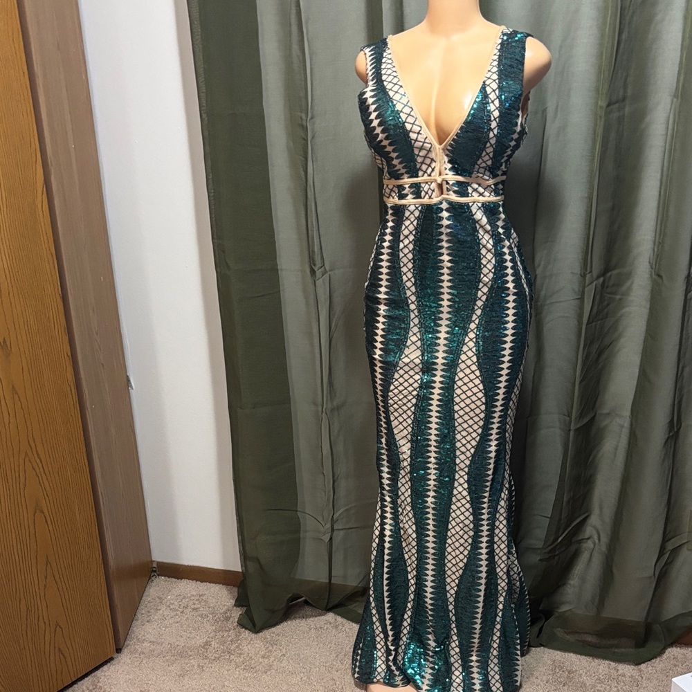 Elegant Teal and Silver Evening Gown